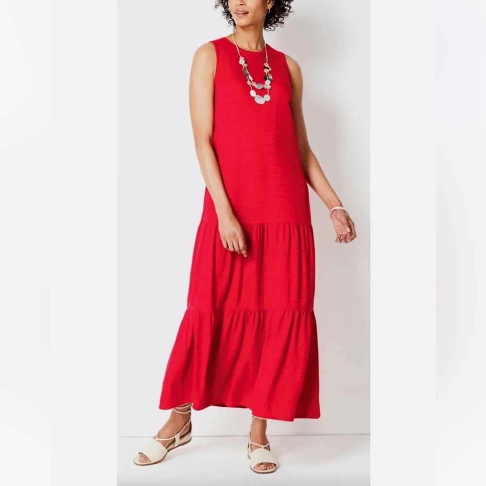 J.Jill Tiered Slub Knit Maxi Dress Red Sleeveless Stretch size MP